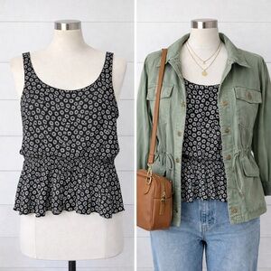 Everleigh Black & White Floral Peplum Tank Top XL | Scoop Neck